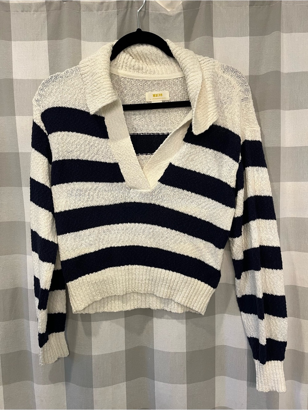 Maeve Cropped Striped V-Neck Sweater in Navy and Cream